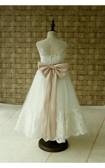 Sleeveless High Neck Lace Applique Ankle Length Dress With Blush Sash and Bow