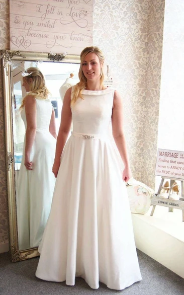 Full Length A-Line Satin Wedding Dress With Beaded Sash