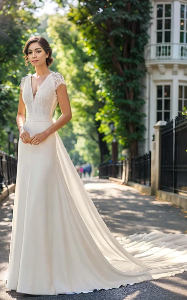 A-Line Boho Illusion Lace Cap Open Back Chiffon Trailing Wedding Dress