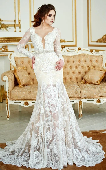 Deep-V-Neck Lace Illusion Long Sleeve Mermaid Beaded Wedding Dress With Skirt