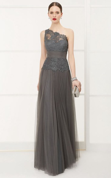 Lace Top One Shoulder A-Line Tulle Long Prom Dress With Bandage And Sequins