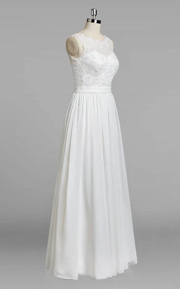 Jewel Neck Sleeveless A-Line Chiffon Skirt Lace Bodice Wedding Dress