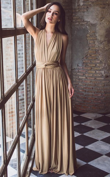 Casual Convertible V-neck Jersey Bridesmaid Dress With Open Back And Pleats