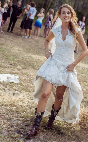 Country Cowgirl A-Line Boho Empire Short V-Neck Bell Cap Empire Dropped Court Train Button Lace Wedding Dress