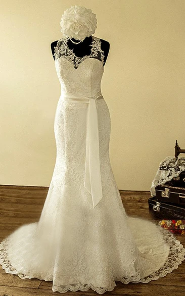 Halter Straps Back Mermiad Long Lace Wedding Dress With Sash And Flower