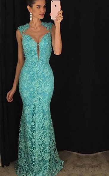 Delicate Lace Mermaid Prom Dress Sleeveless Sweep Train