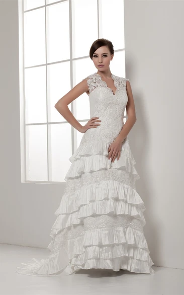 Scalloped-Neck Caped-Sleeve Lace Dress with Beading and Tiers