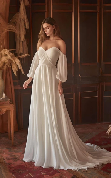 Simple A-Line Half Sleeve Chiffon Wedding Dress with Ruching Off-the-shoulder Country Garden Beach Sweep Train