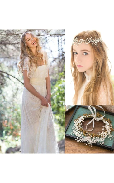 Boho Cape Sleeve Lace Dresses and Silver Rhinestone Flower Headdress With Pearl