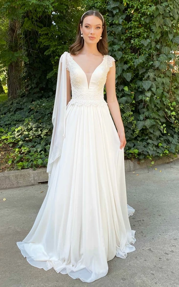 Simple A Line V-neck Chiffon Court Train Wedding Dress with Ruching