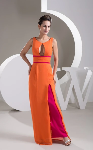 Two-Tone Front-Split Maxi Dress with Keyhole Design