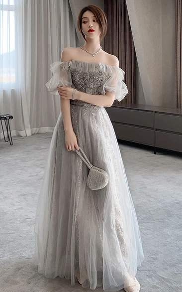 Silver Off the Shoulder Puff Sleeve
