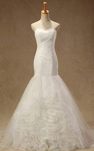 Sweetheart Mermaid Long Tulle Wedding Dress With Ruffles And Lace-Up Back