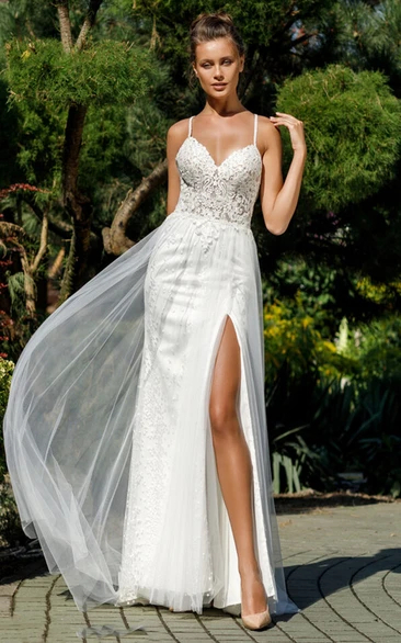 Casual Sleeveless Sheath V-neck Tulle Lace Wedding Dress with Split Front