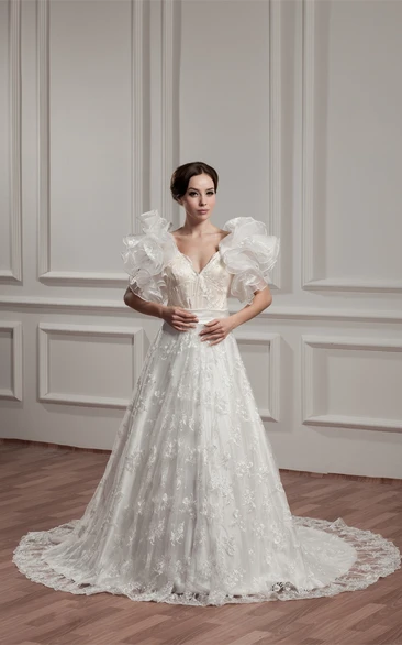 Plunged Ruffled A-Line Gown with Lace and Court Train