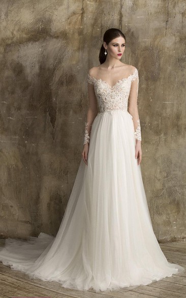 V-Neck A-Line Tulle Wedding Dress With Lace Bodice