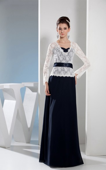 Two-Tone V-Neck Floor-Length Dress with Lace Top