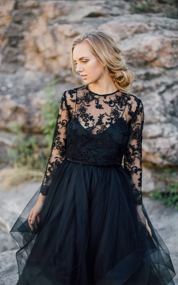 A-Line Scoop Floor-length Long Sleeve Illusion Back Dress With Appliques Black Wedding Dress