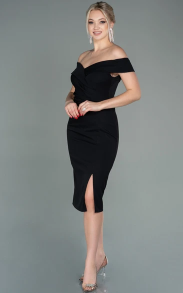 Elegant Bodycon Off-the-shoulder Satin Guest Cocktail Dress With Open Back And Split Front