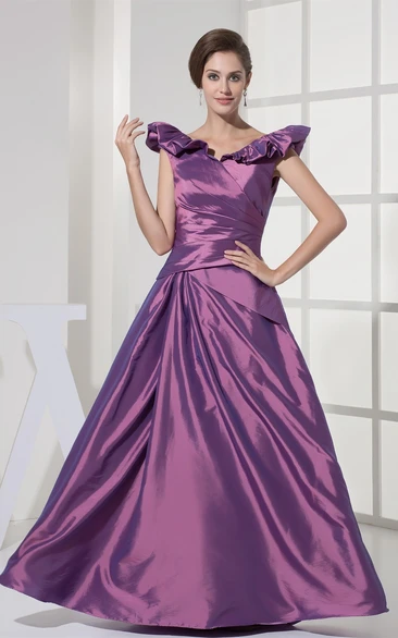 Satin A-Line Draped Gown with Ruffled V Neckline