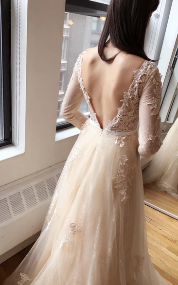 Light Creamy Champagne Long Sleeve Deep V Lace Wedding Dress