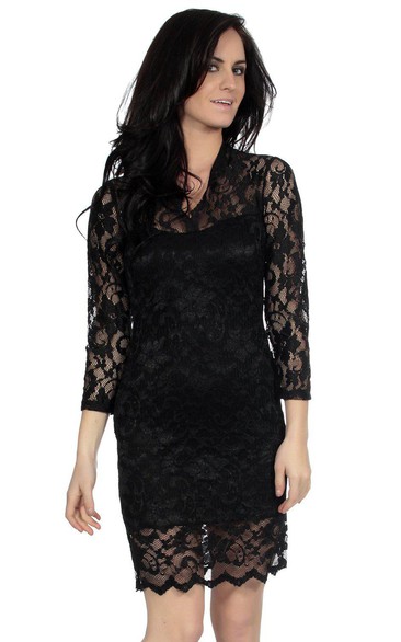 3 4 Sleeved Short Lace Sheath Dress With Illusion Style