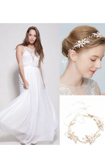 Chiffon Lace Weddig Dress With Embroideries and Handmade Beautiful Flowers Leaves Vine Rhinestones Crystal Soft Band