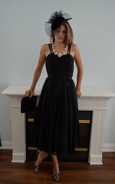 Classic Tea-length A-line Chiffon Dress With Spathetti Straps