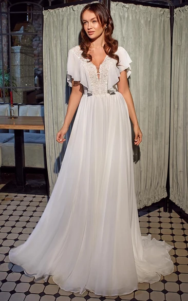 Romantic A-Line Plunging Neck Sweep Train Chiffon Wedding Dress