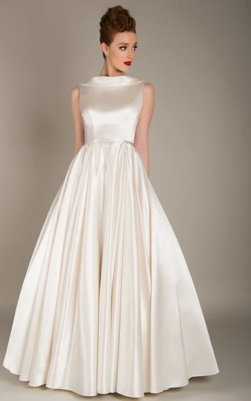 Elegant Satin Jewel Neck Sleeveless Deep-V Back Bridal Gown