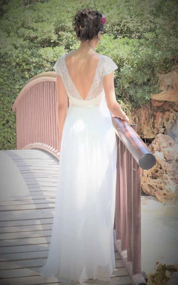 Plunged Short Sleeve Chiffon Long Wedding Dress With Lace Top