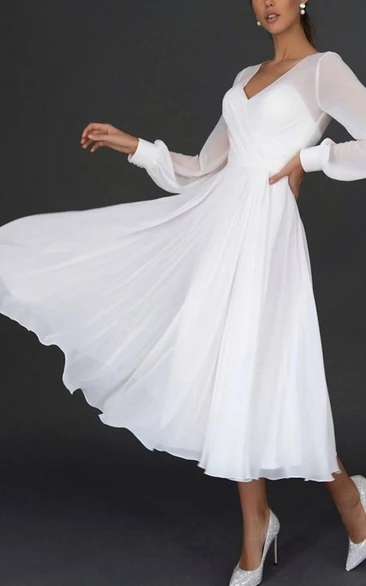 A-Line V-neck Chiffon Wedding Dress Simple Sexy Elegant Romantic Beach Summer With Keyhole Back And Poet Long Sleeves 