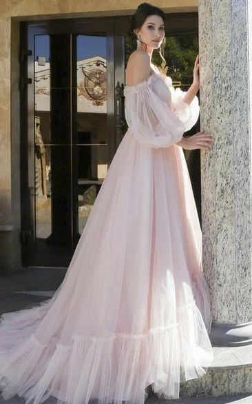 Off-shoulder Charming Sweetheart Tulle Wedding Dress With 3/4 Poet Sleeves