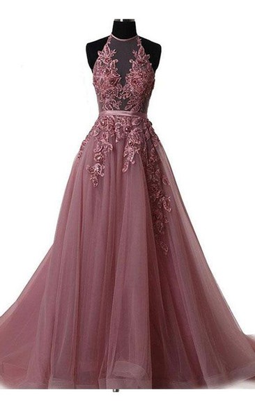 Halter Brush Train Simple Prom Evening Dress With Lace Applique