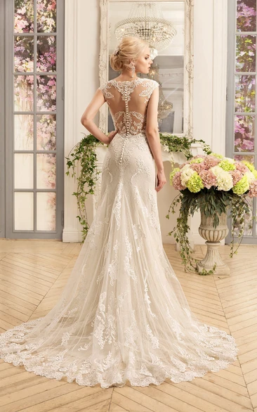 Sheath Floor-Length Scoop Cap-Sleeve Illusion Lace Dress