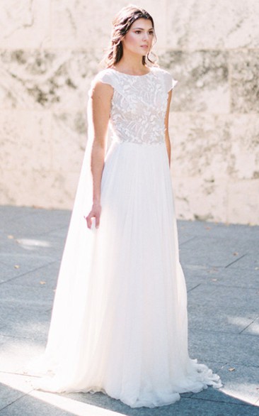 Simple A-Line Bateau Neck Short Sleeve Floor-length Tulle Wedding Dress