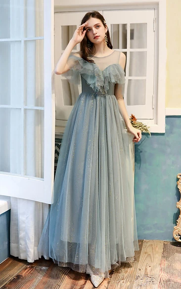 Bohemian Tulle Off-the-shoulder A Line Prom Formal Dress With Ruffles