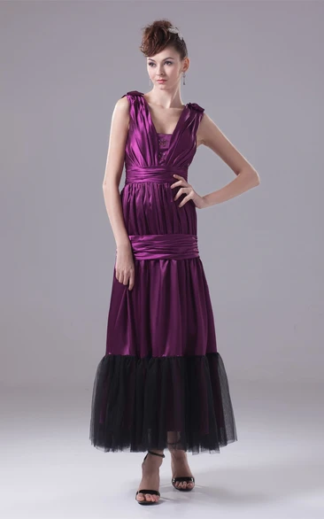 Sleeveless Square-Neckline Ruched A-Line Gown with Cinched Band and Beadings