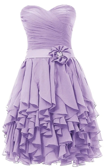 Asymmetrical Sweetheart Ruffled Short Dress With Floral Band