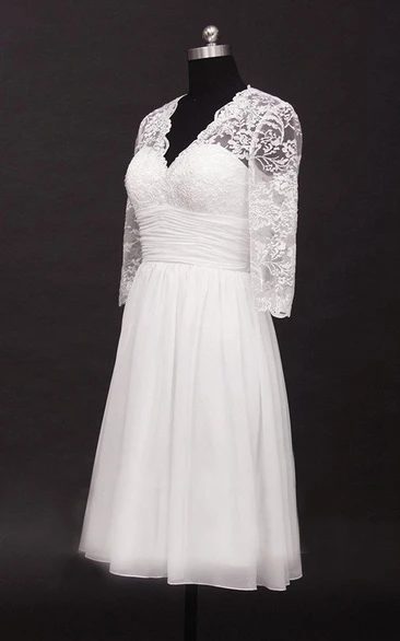Scalloped Low-V Back Chiffon Wedding Dress With Ruching And Illusion Sleeve