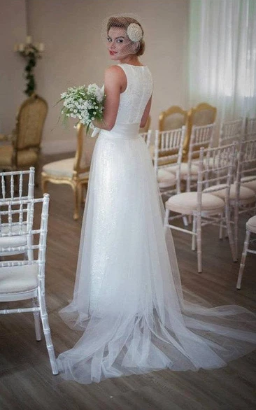 Jewel Sleeveless Long Tulle Wedding Dress With Sash And Bow