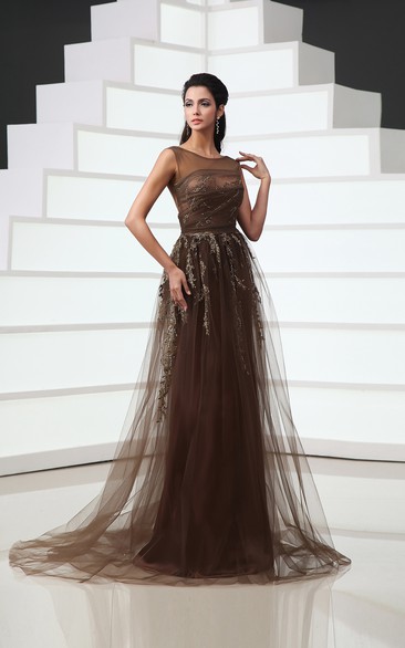 Tulle Cap-Sleeved A-Line Backless Gown With Sequins And Embroidery