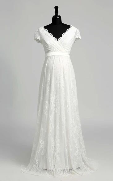 Elegant Scalloped V-neck Long Lace Maternity Wedding Dress