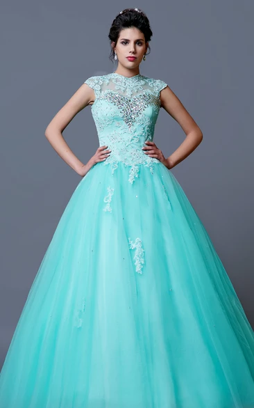 High Neck Cap Sleeve Quinceanera Gown with Appliques and Beading