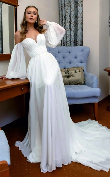 Modern A Line Floor-length Court Train Chiffon Off-the-shoulder Long Sleeve Wedding Dress