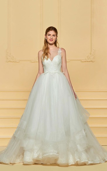 Sleeveless Adorable Cute Lace Wedding Ball Gown With Ruflles And Illusion Button Back