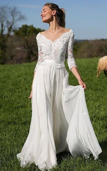 A Line V-neck Chiffon Lace Floor-length 3/4 Length Sleeve Wedding Dress