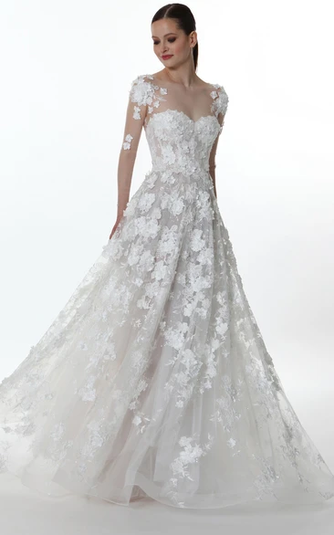 Ethereal Bateau Long Sleeve Brush Train Lace A Line Wedding Dress with Appliques