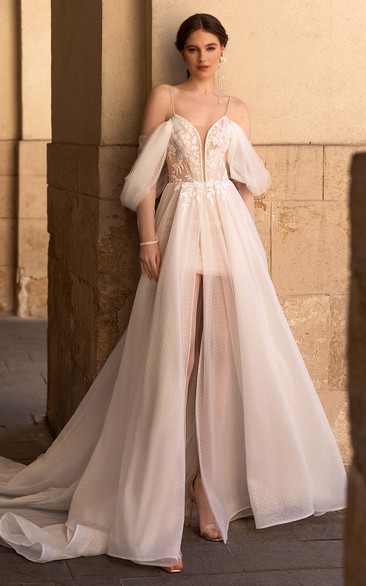 Ethereal Floor-length Half Sleeve Tulle A Line Open Back Wedding Dress with Split Front