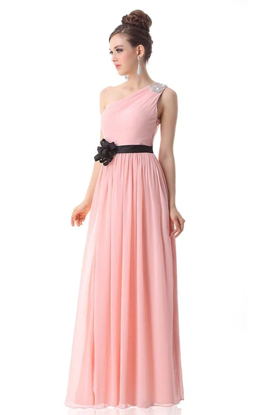 One-shoulder Long Chiffon Gown With Floral Belt